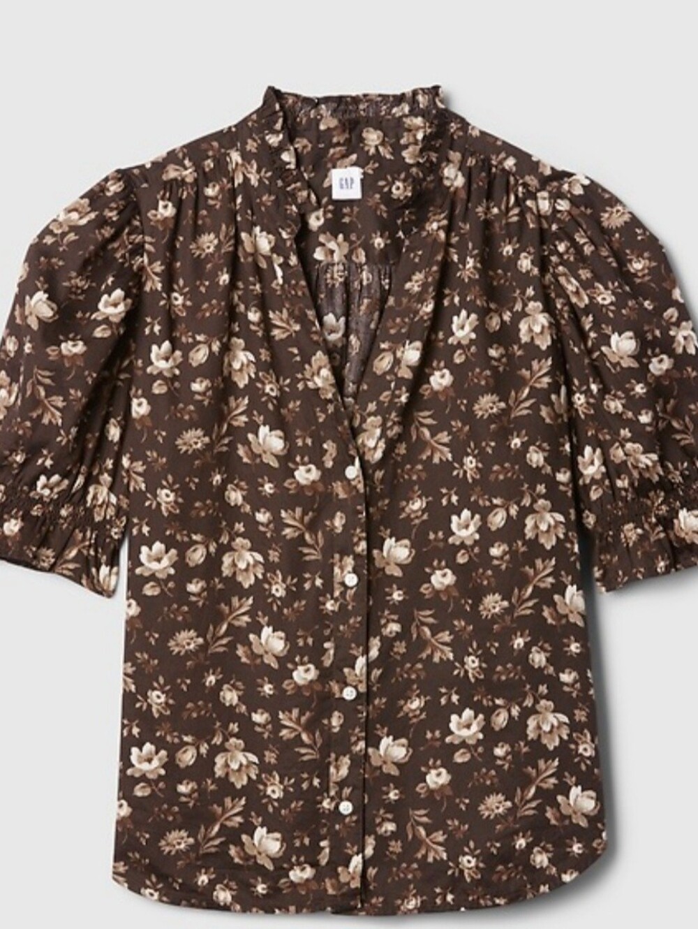 Gap Brown Floral Puff Sleeve Ruffle Mock Neck Cotton Top XS Dark Cottagecore